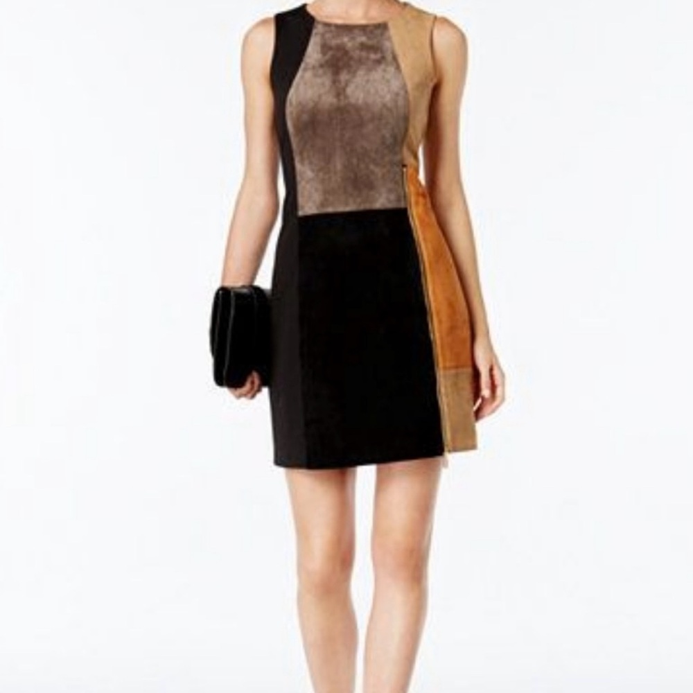 Ivanka Trump Black and Brown Patchwork Faux Suede Mini Dress Size 4